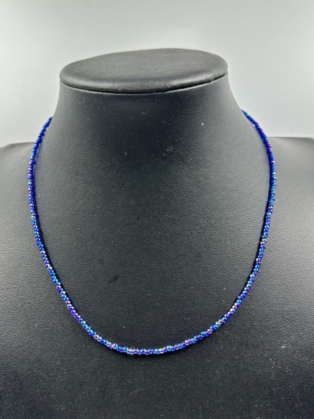 Emily Ray Beaded Necklace Blue Iridescent Seed Beads Sterling Silver Clasp